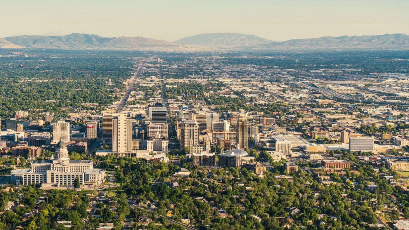 An aerial view of Salt Lake City, UT showing the urban areas and urban canopy
